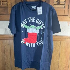 Navy‎ blue Star Wars Baby Yoda Christmas T-shirt Size Large NWT